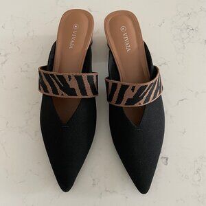Vivaia Pointed-Toe Heeled Mules 3D Knit Upper Solid Black w Animal Print Sz 40